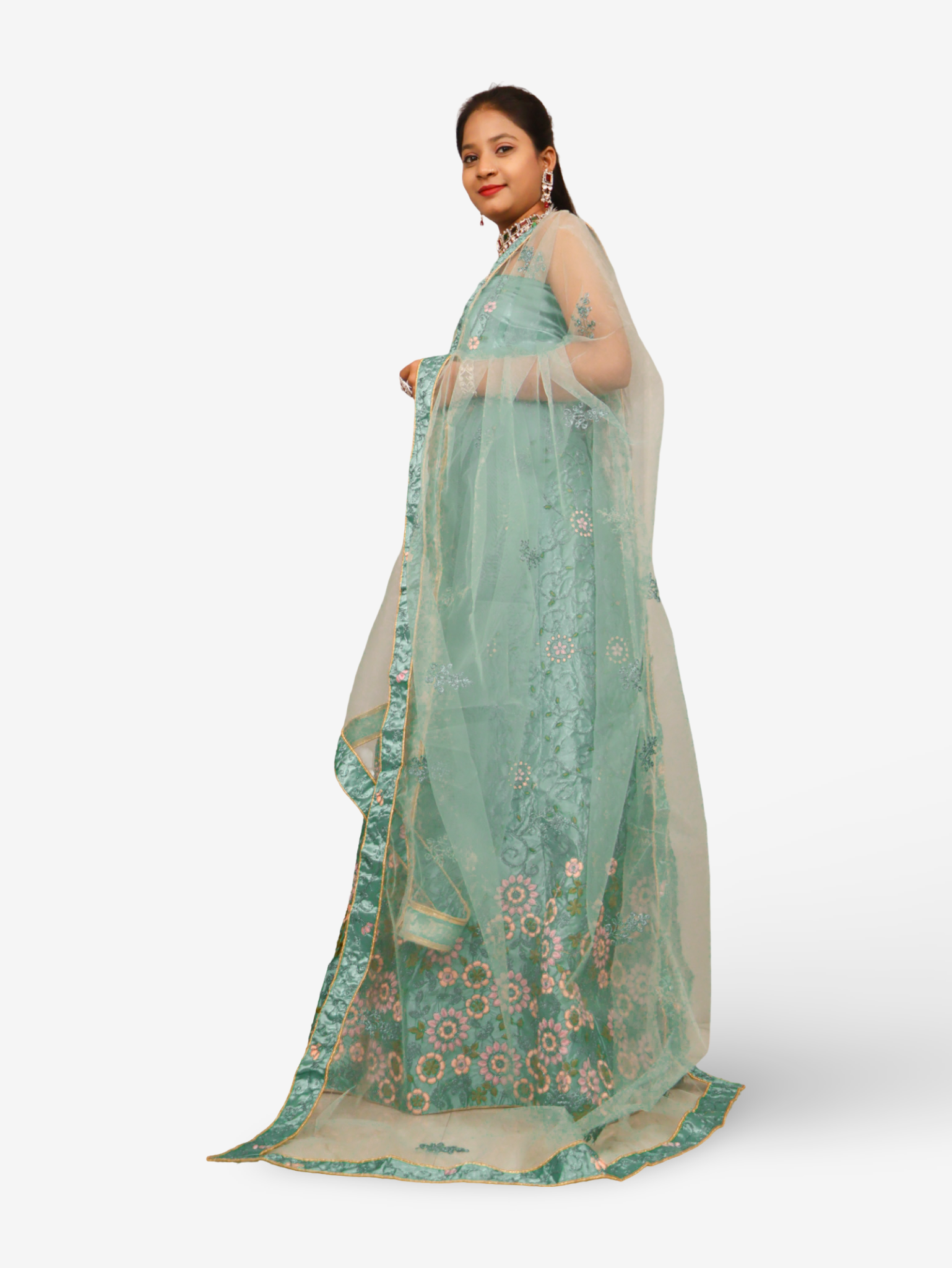 Semi-Stitched Lehenga with Soft Net Fabric & Zari Thread Work by Shreekama